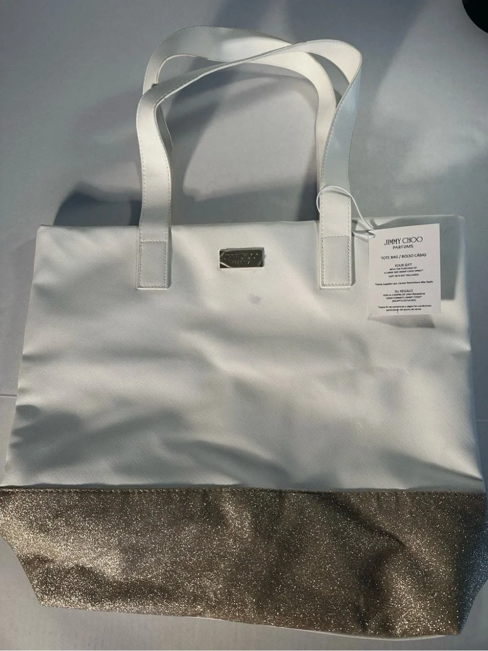 Jimmy Choo White and Gold Glitter Bottom Tote